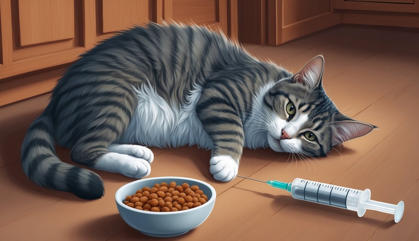 A cat lying on the floor, weak and disoriented, with a bowl of food and a syringe nearby