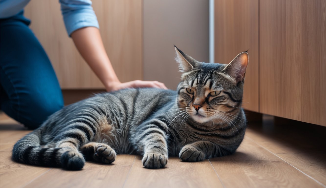 A cat lying on the floor, looking weak with drooping ears and a slightly trembling body, while a concerned owner hovers nearby