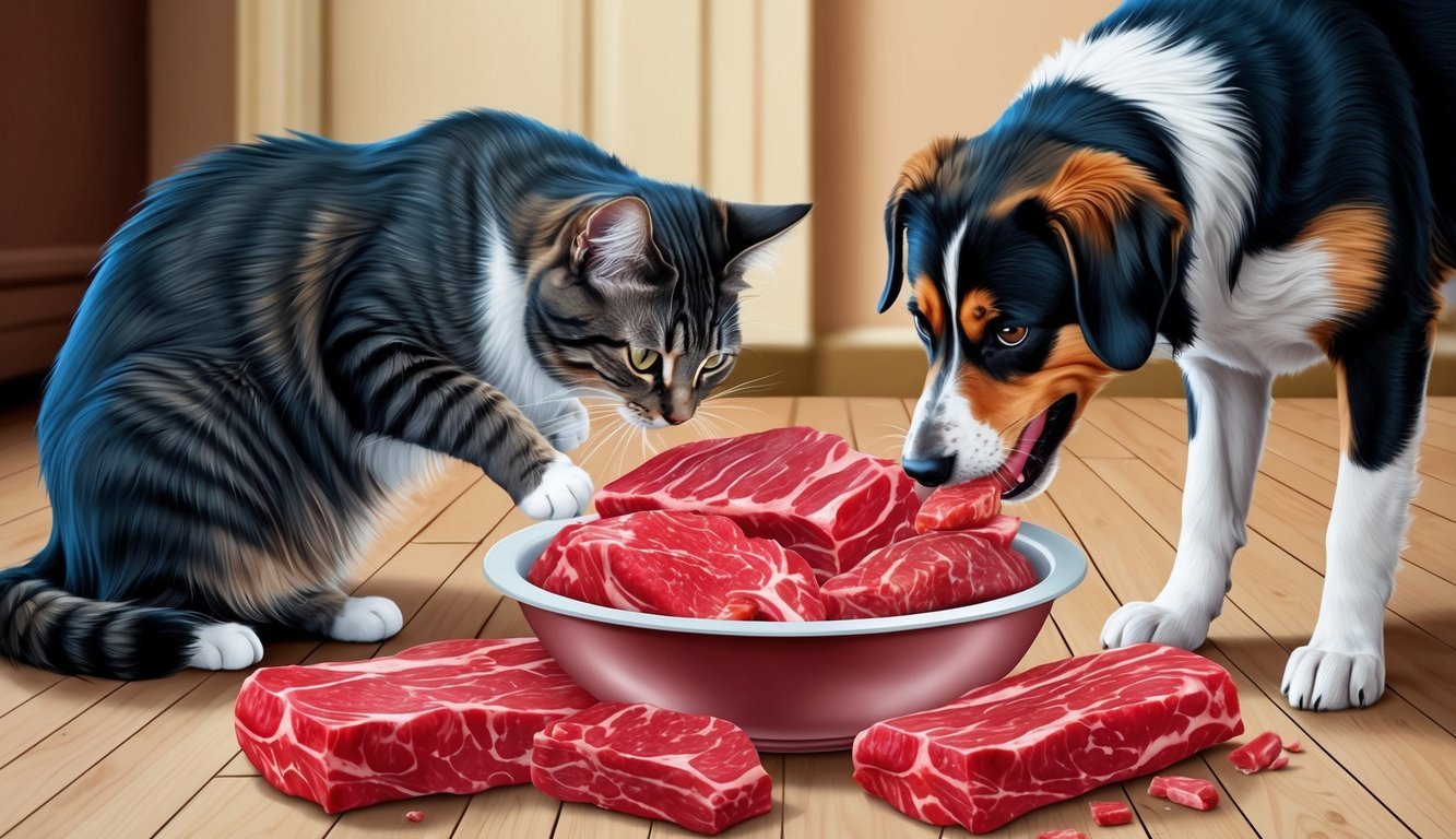 A bowl of raw meat sits on the floor, surrounded by a cat and a dog eagerly eating