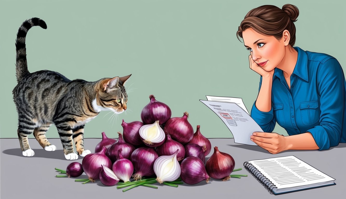 A curious cat sniffs a pile of onions, while nearby, a concerned owner researches the toxic effects of alliums on felines