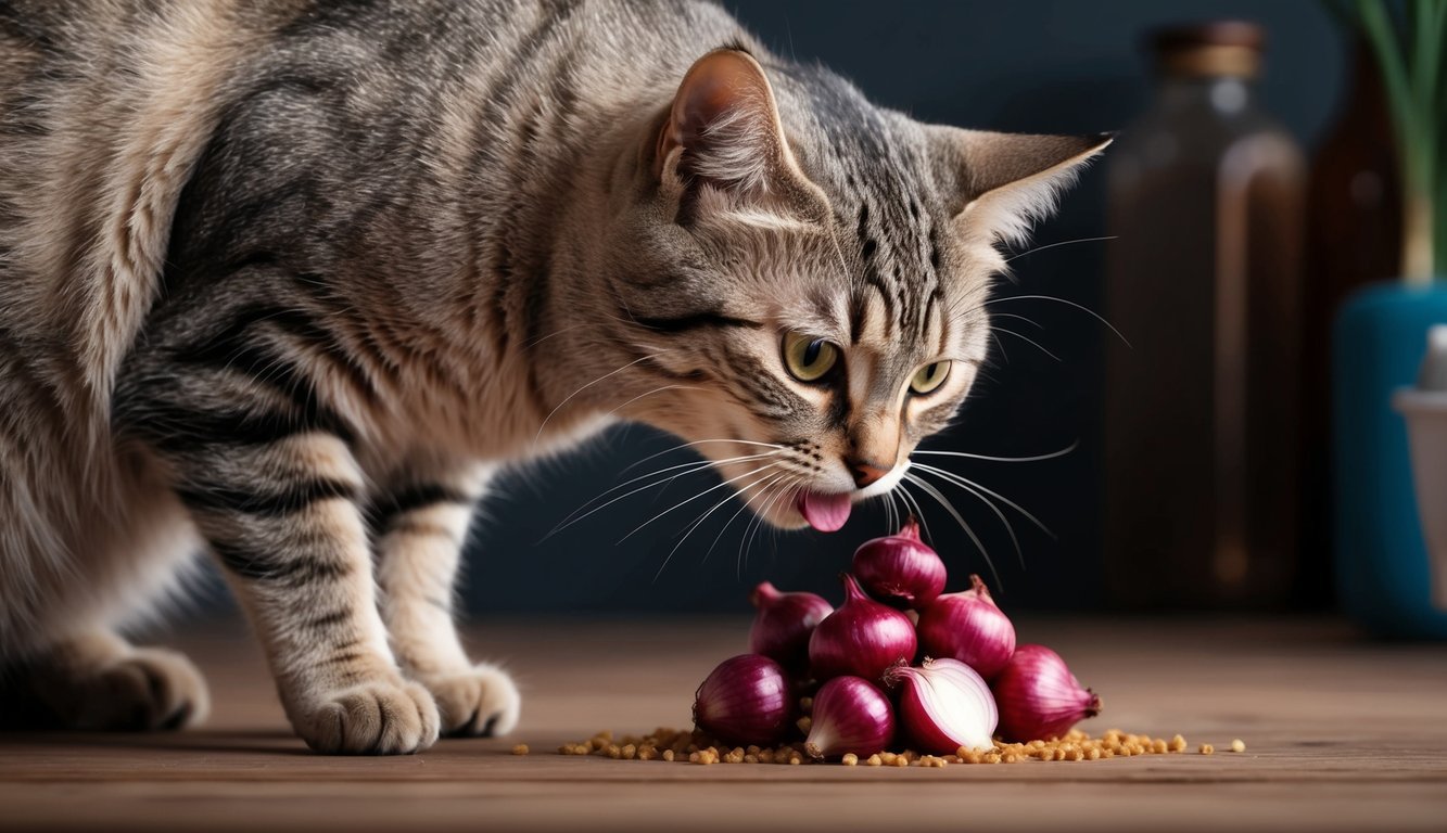 A cat sniffing a small pile of onions with a concerned expression