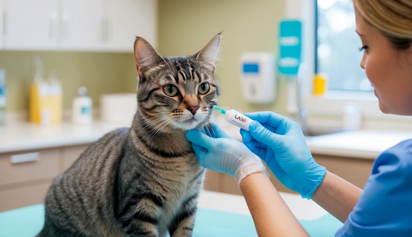 A cat receiving a dose of Lasix medication from a veterinarian in a clinical setting