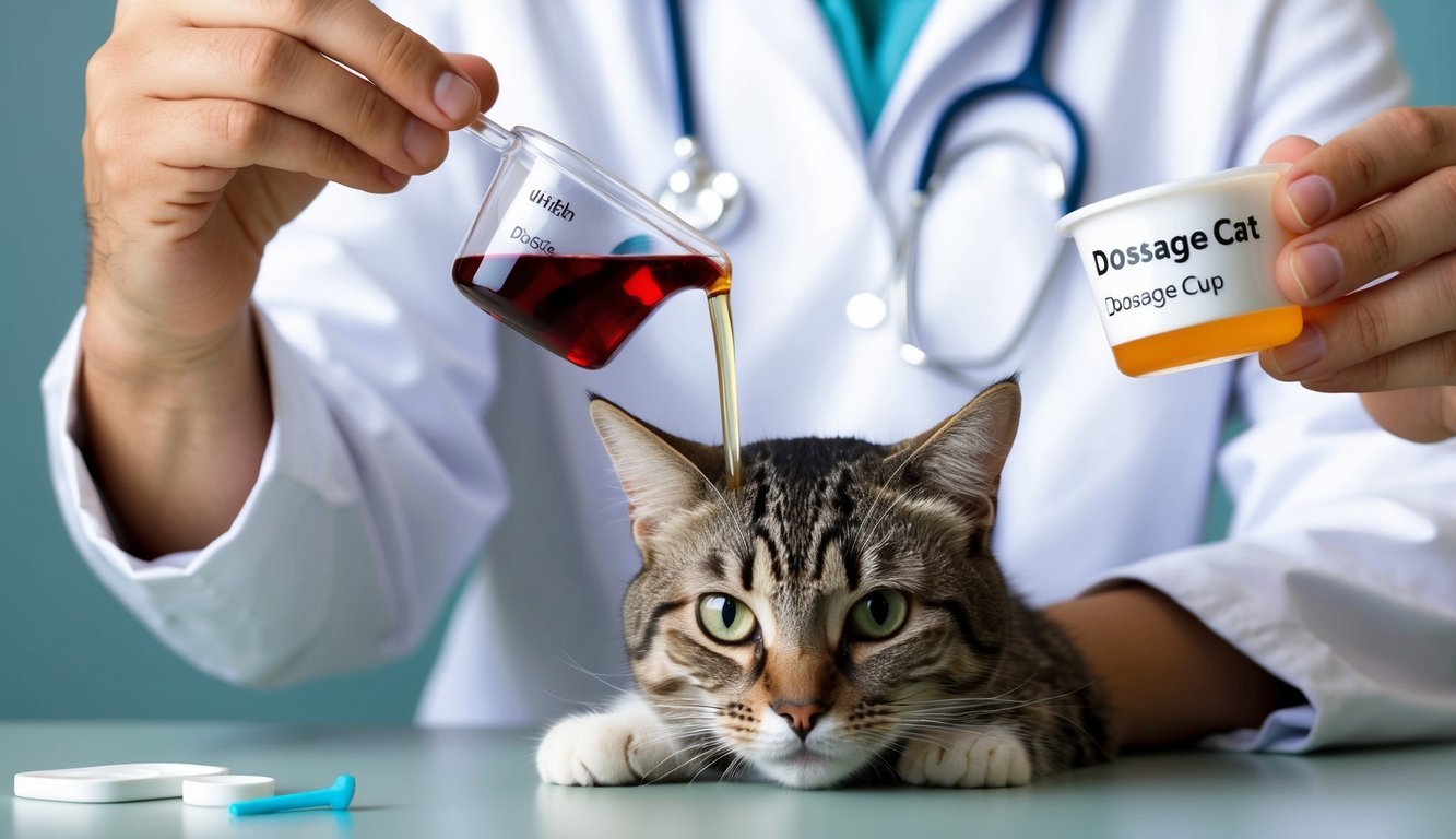 A veterinarian carefully measuring and pouring liquid medication into a small, labeled dosage cup for a cat