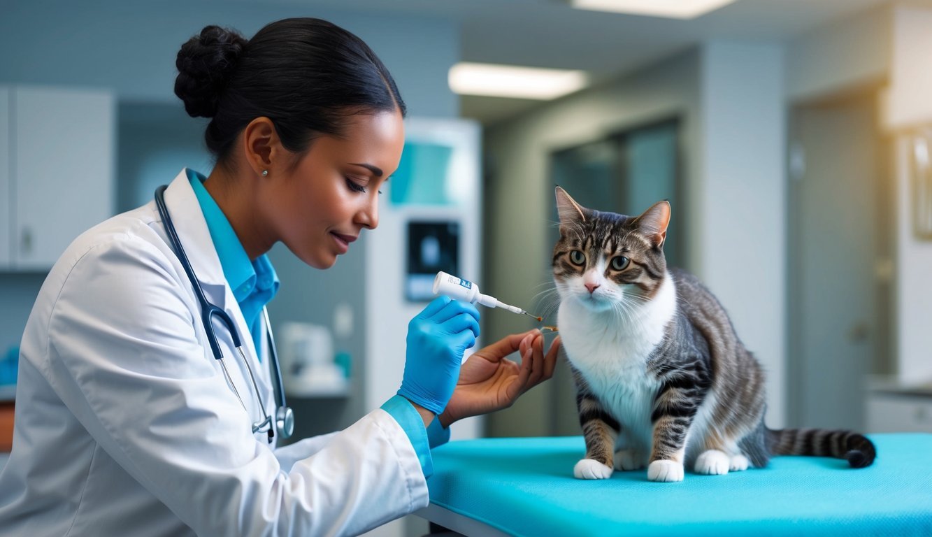 A veterinarian carefully administers a dose of Lasix to a calm and cooperative cat in a clinical setting