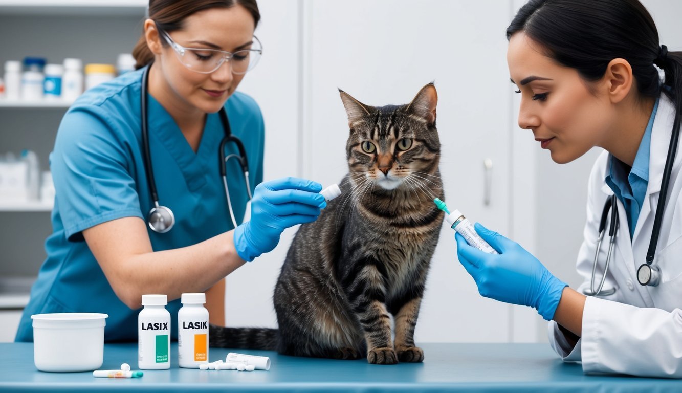 A cat receiving a dose of Lasix alongside other medications, with a veterinarian overseeing the process in a clinical setting