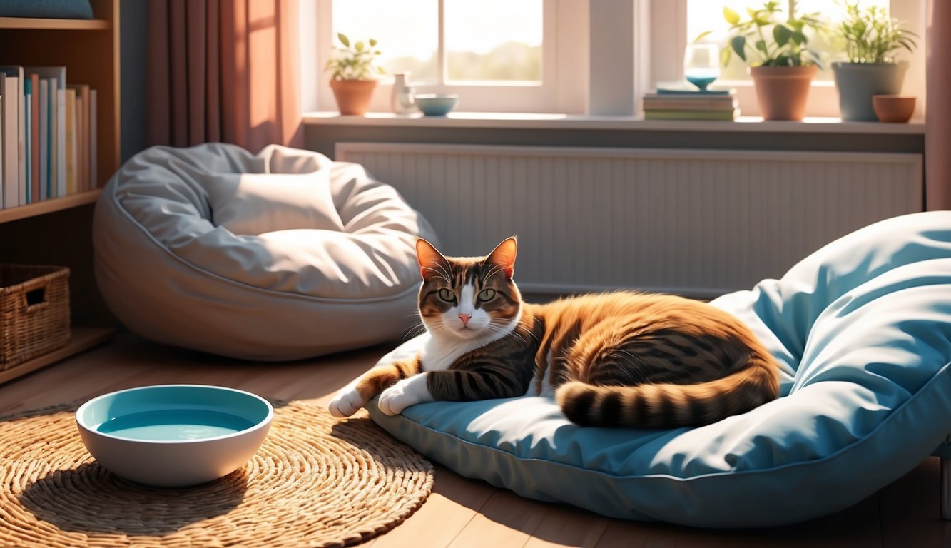 A cat lounging in a cozy, sunlit room with a bowl of water and a comfortable bed nearby