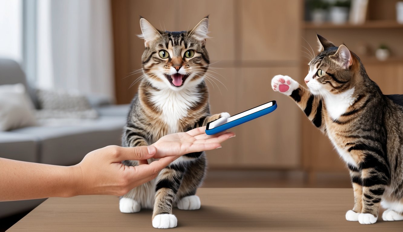 A cat happily taking an Interceptor tablet from its owner's hand