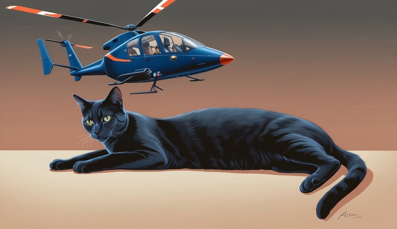 A sleek cat lounging contentedly while a vigilant interceptor hovers protectively nearby