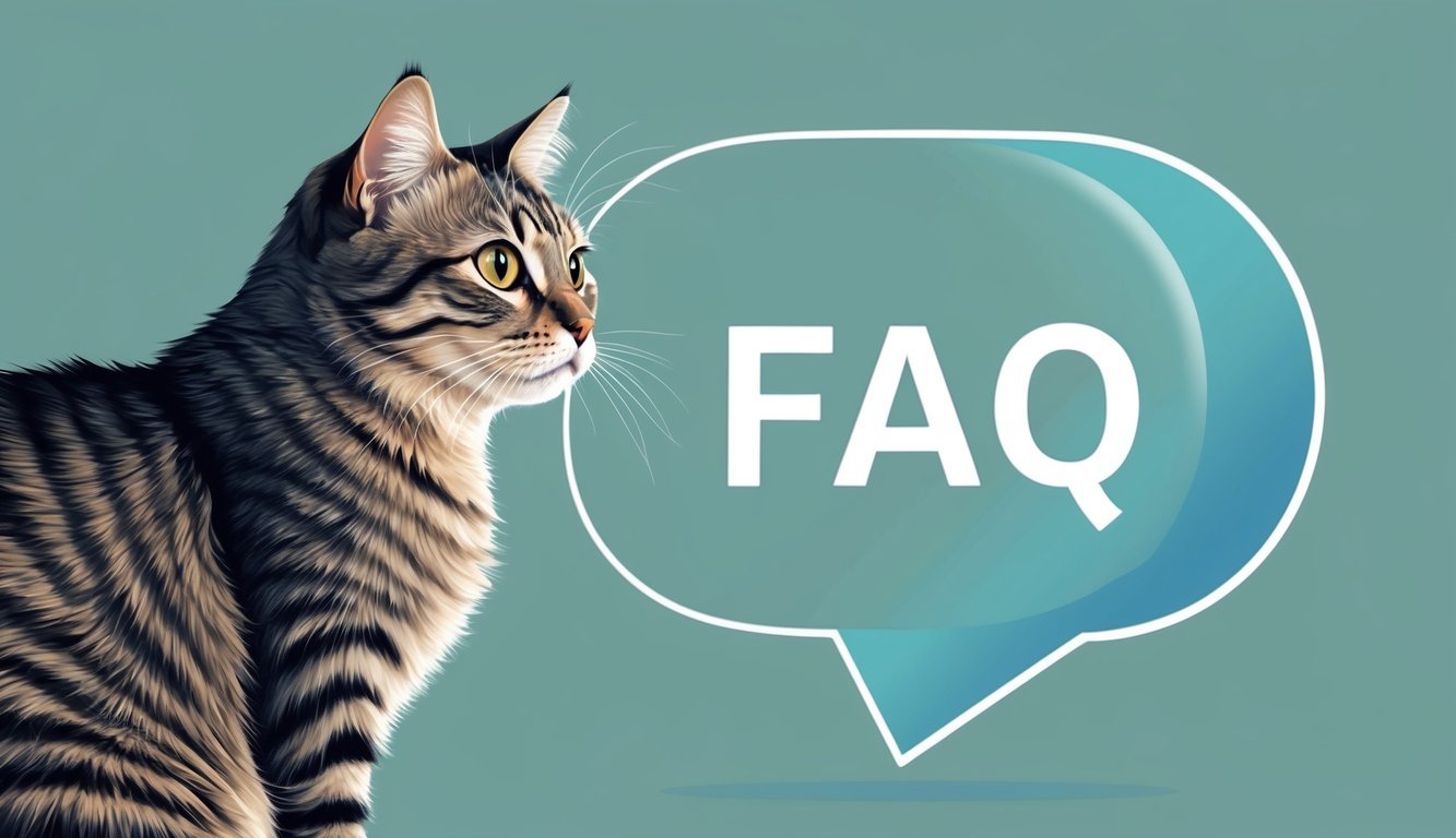 A cat with a puzzled expression looking at a hovering FAQ bubble