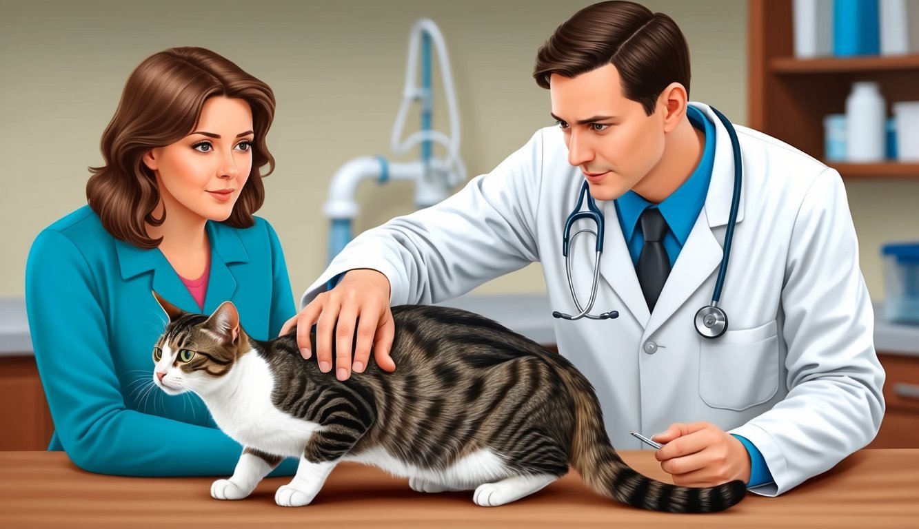 A veterinarian examining a cat's udder for signs of mastitis, while a concerned owner looks on