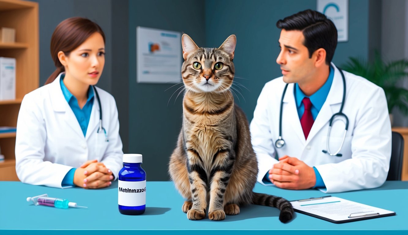 A cat sitting on a veterinarian's table, with a bottle of methimazole and a concerned owner asking questions