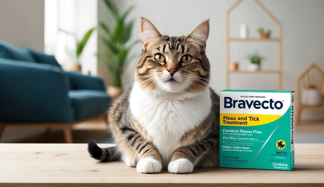 A happy, healthy cat sitting contentedly next to a box of Bravecto flea and tick treatment, with a peaceful and safe environment in the background