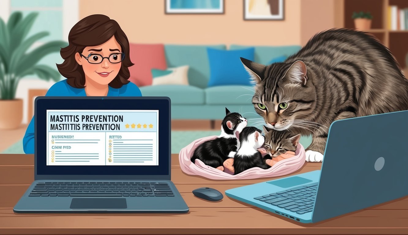 A cat nursing her kittens in a cozy home setting, with a concerned owner researching mastitis prevention on a laptop nearby