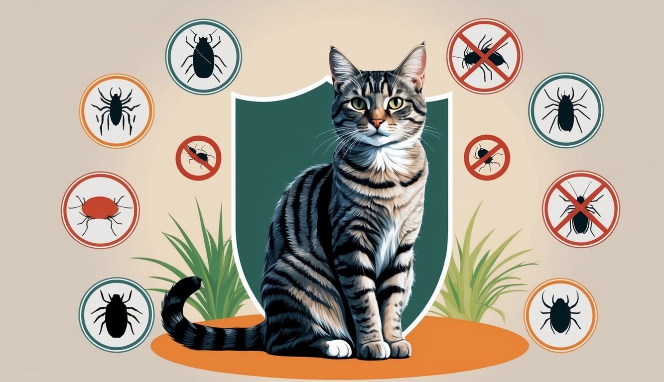 A cat sitting confidently with a protective shield around it, surrounded by symbols of various pests and parasites being repelled