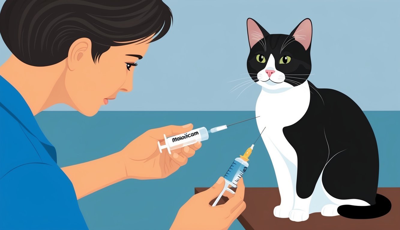 A cat owner administering meloxicam to their cat using a syringe