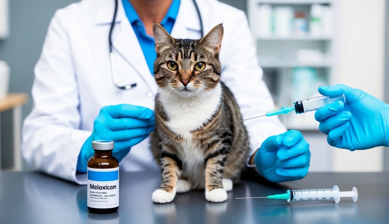 A cat sitting on a veterinarian's table, with a bottle of meloxicam and a syringe nearby.</p><p>The vet is wearing gloves and preparing to administer the medication