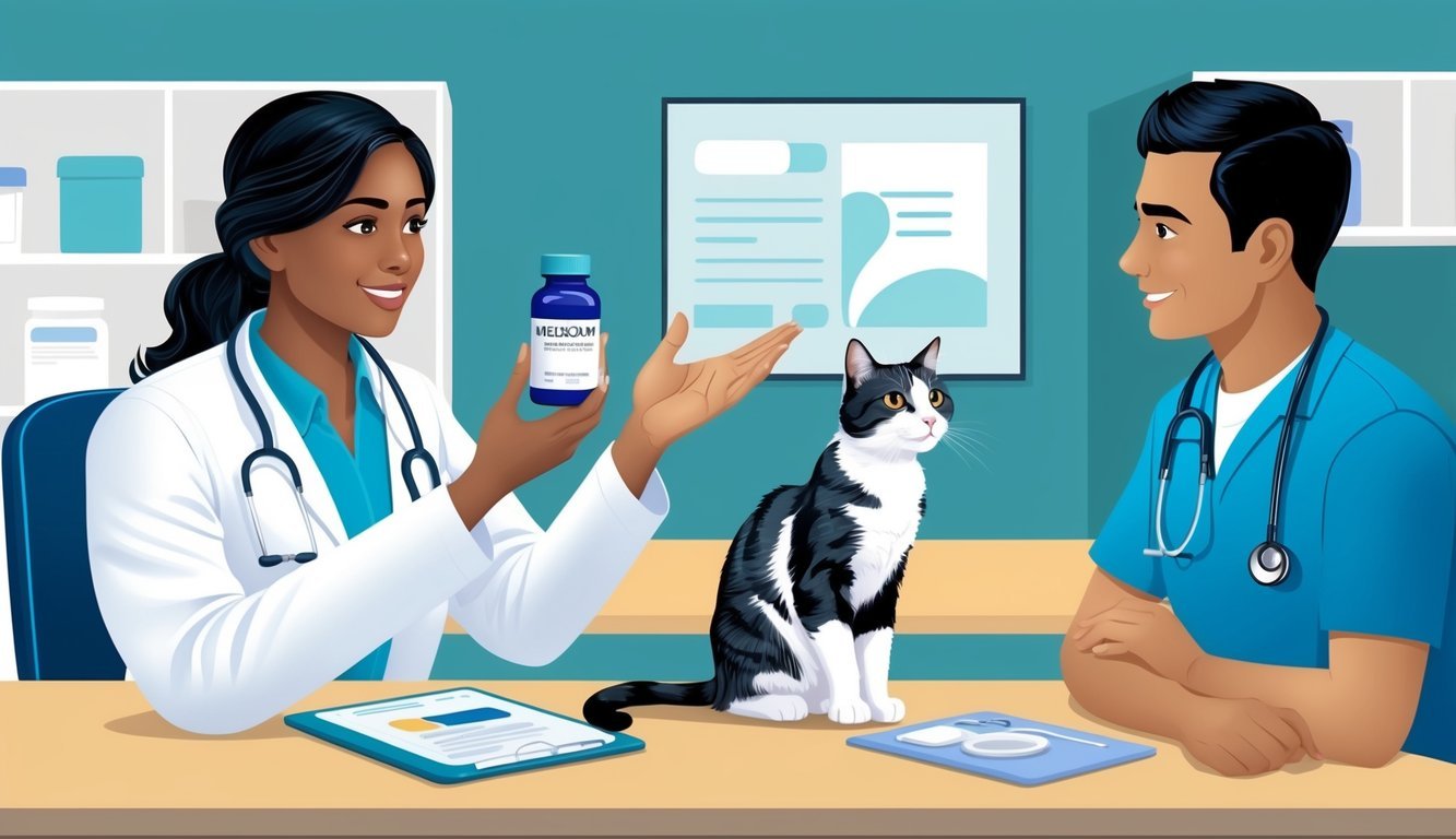 A veterinarian holding a bottle of meloxicam, with a cat sitting on a table in a clinic, while discussing off-label use with a concerned pet owner