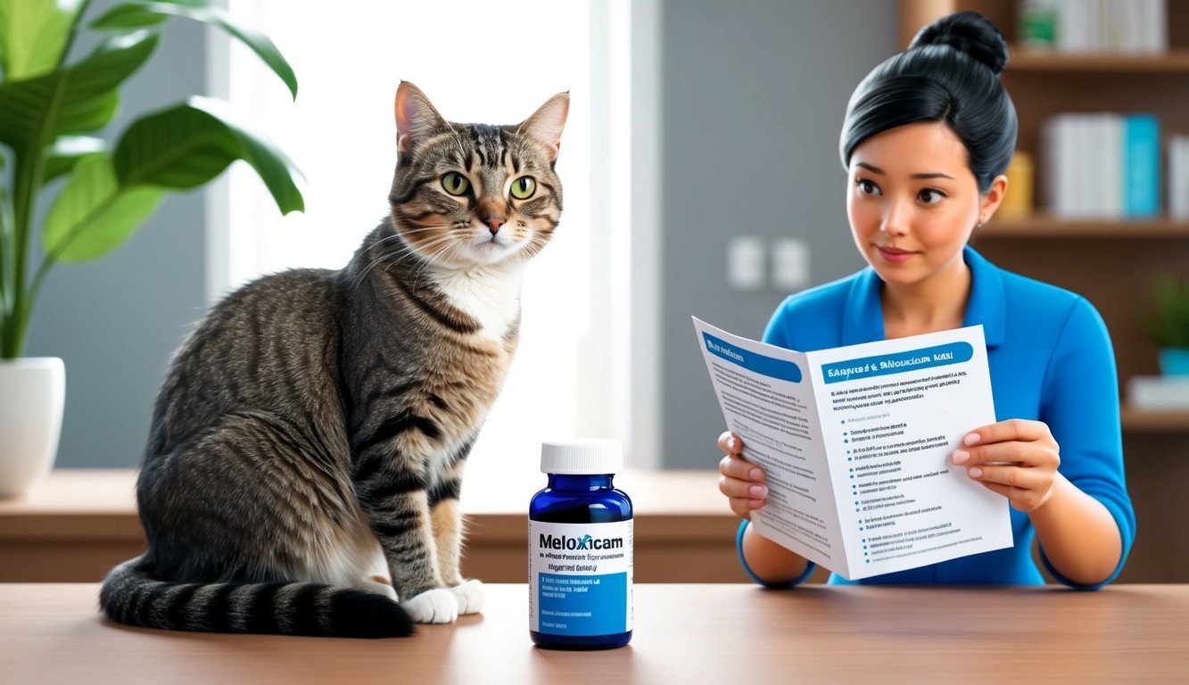 A cat sitting next to a bottle of Meloxicam, with a concerned owner reading a pamphlet of frequently asked questions about the medication