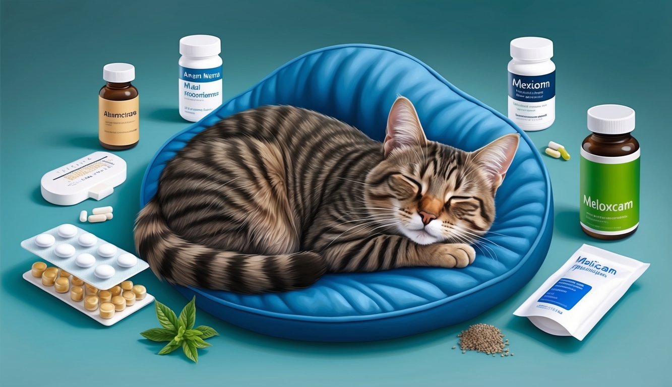 A cat peacefully resting on a cushioned surface, surrounded by various alternative and complementary therapy options such as acupuncture, herbal supplements, and meloxicam medication