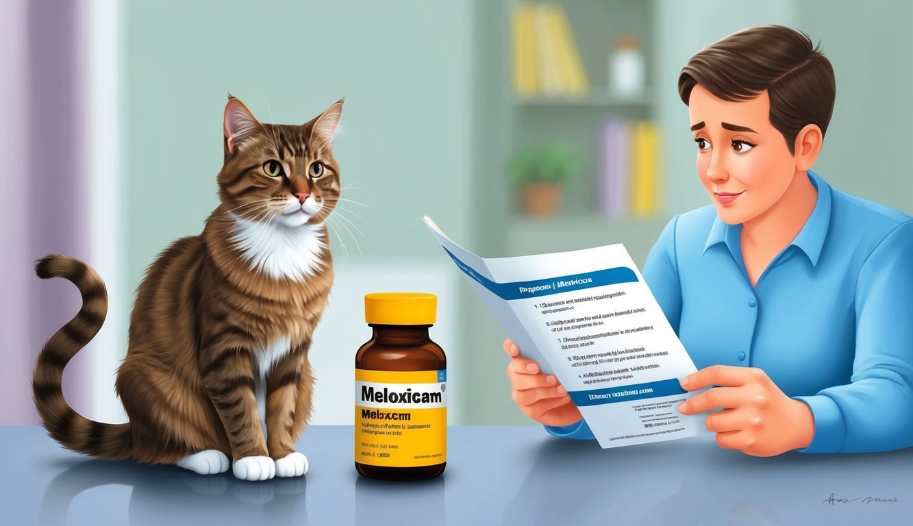 A cat sitting next to a bottle of meloxicam, with a concerned owner reading a pamphlet of frequently asked questions