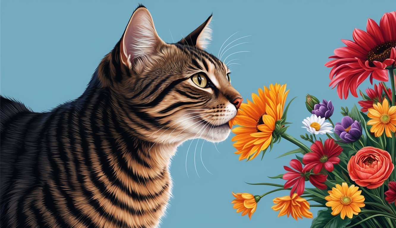 A cat sniffing a bouquet of flowers with a clear nasal passage