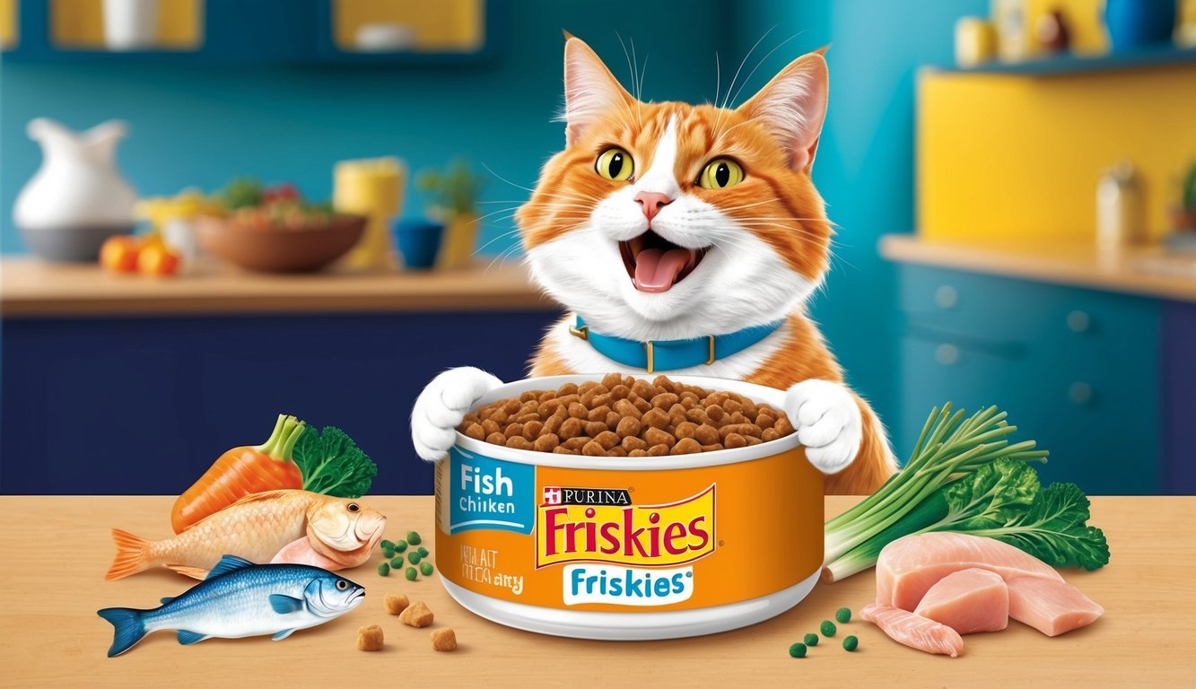 A happy, healthy cat enjoying a bowl of Purina Friskies cat food, surrounded by colorful and nutritious ingredients like fish, chicken, and vegetables