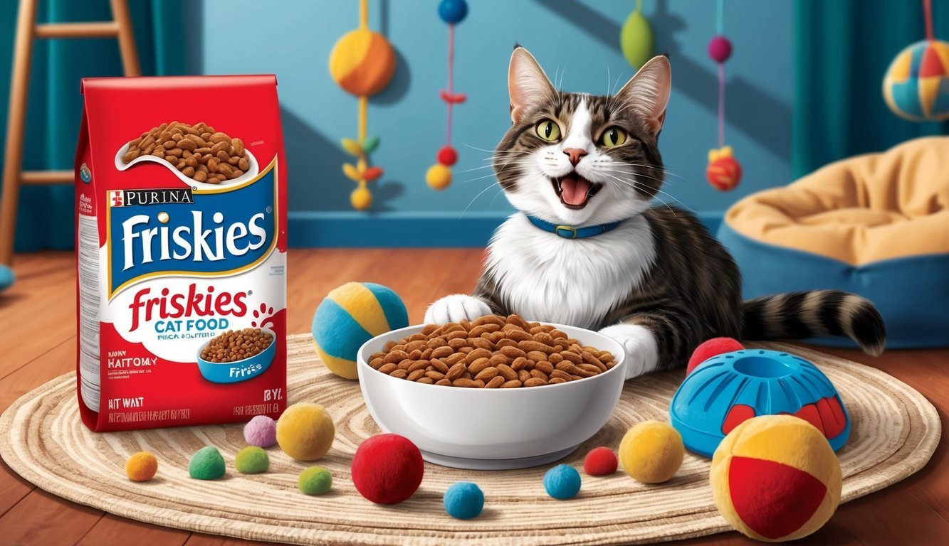 A happy cat enjoying a bowl of Purina Friskies cat food, surrounded by playful toys and a cozy bed