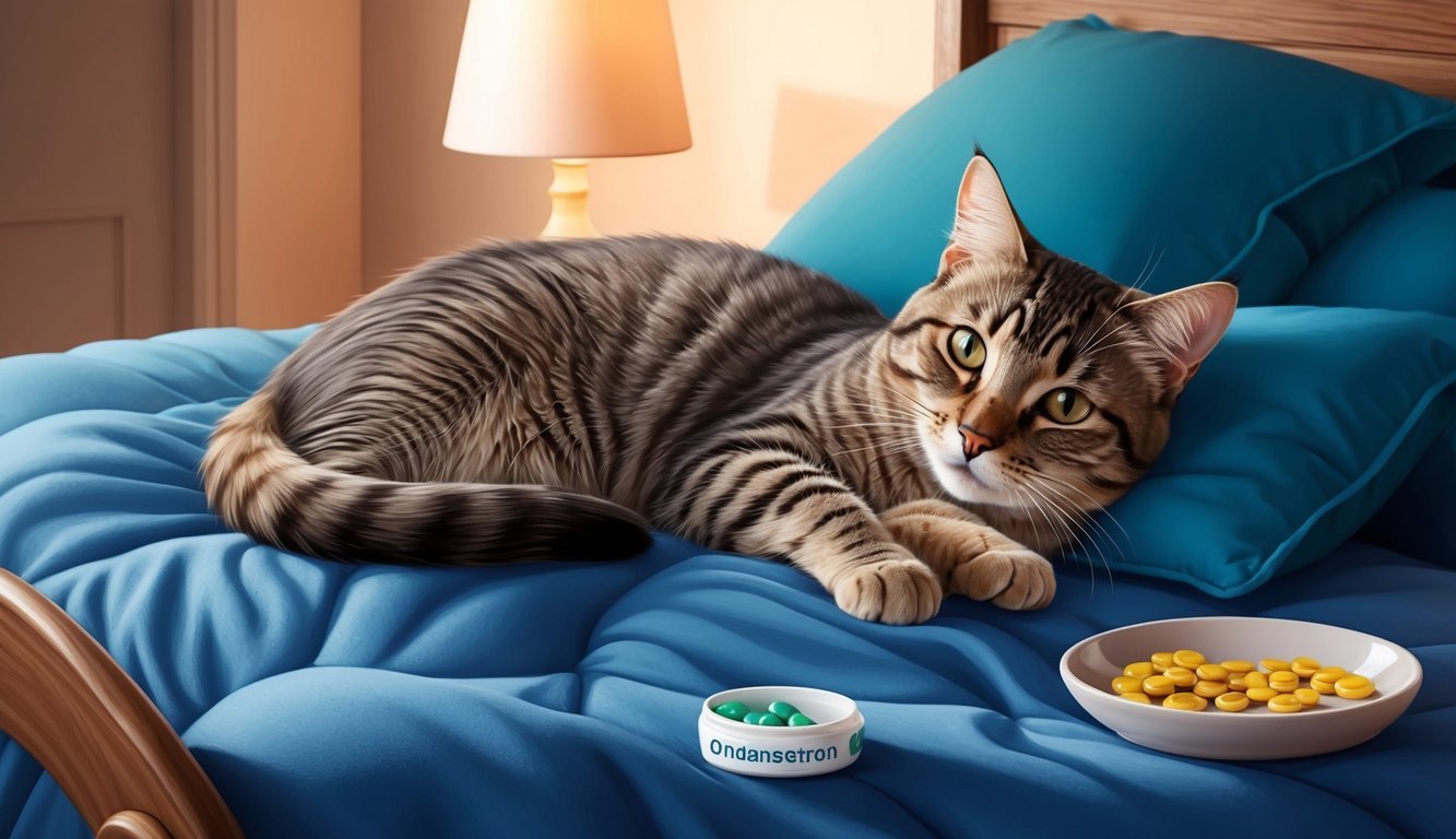 A cat lying on a cozy bed with a dish of ondansetron nearby, looking calm and relaxed