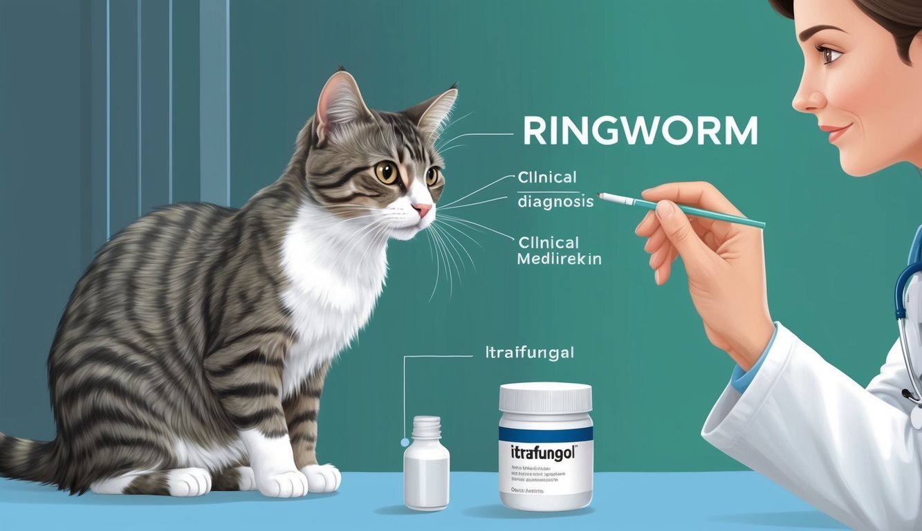 A cat receiving a diagnosis and displaying clinical signs of ringworm, with a veterinarian examining the cat's skin and prescribing itrafungol medication