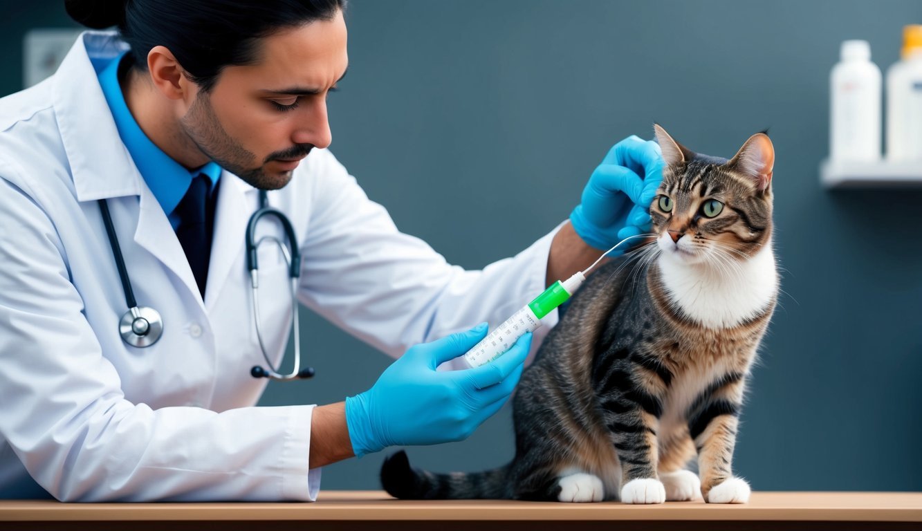 A veterinarian carefully measuring and administering itraconazole to a cat, while monitoring its vital signs and observing for any potential complications