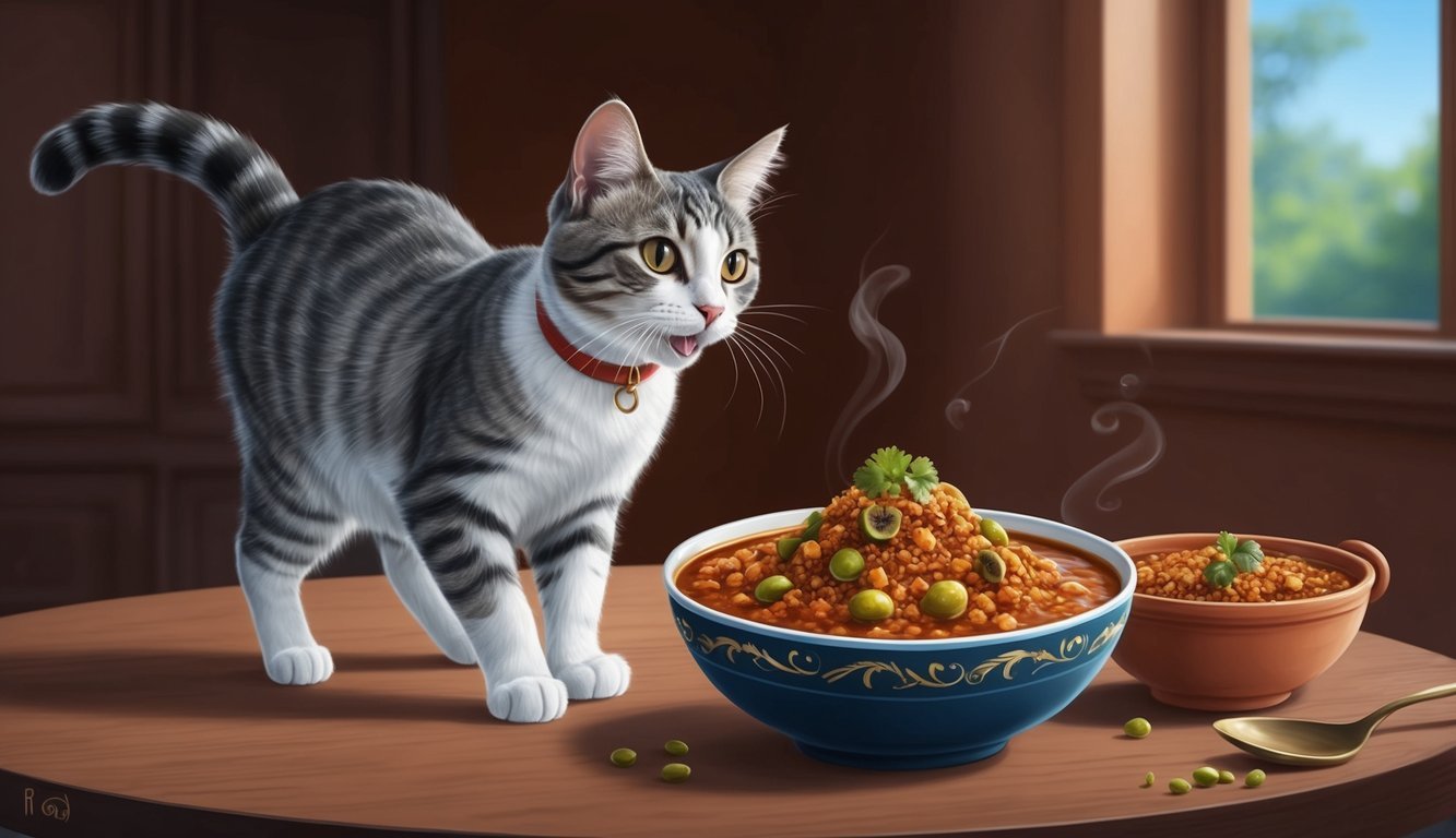 A cat eagerly approaches a bowl of itrafungol, with a curious expression and a wagging tail