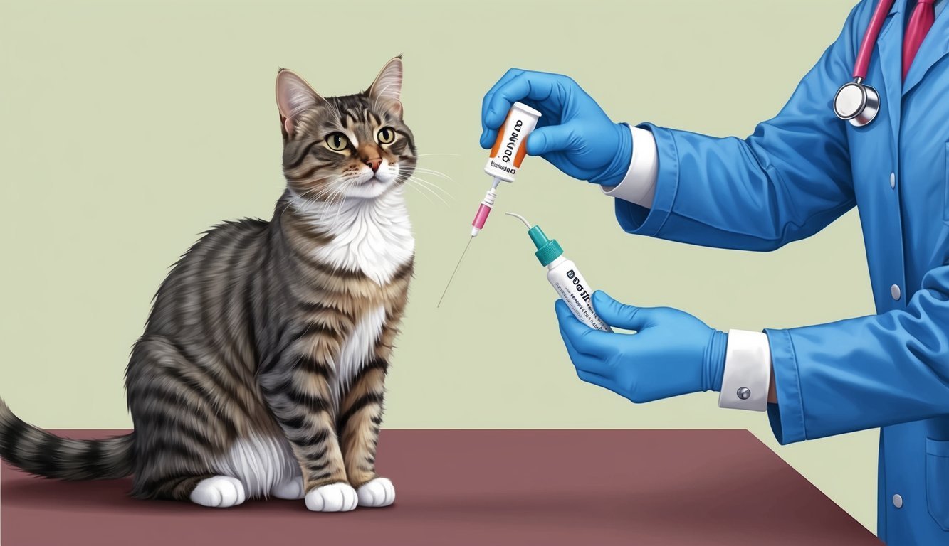 A cat receiving a dose of Itrafungol from a veterinarian