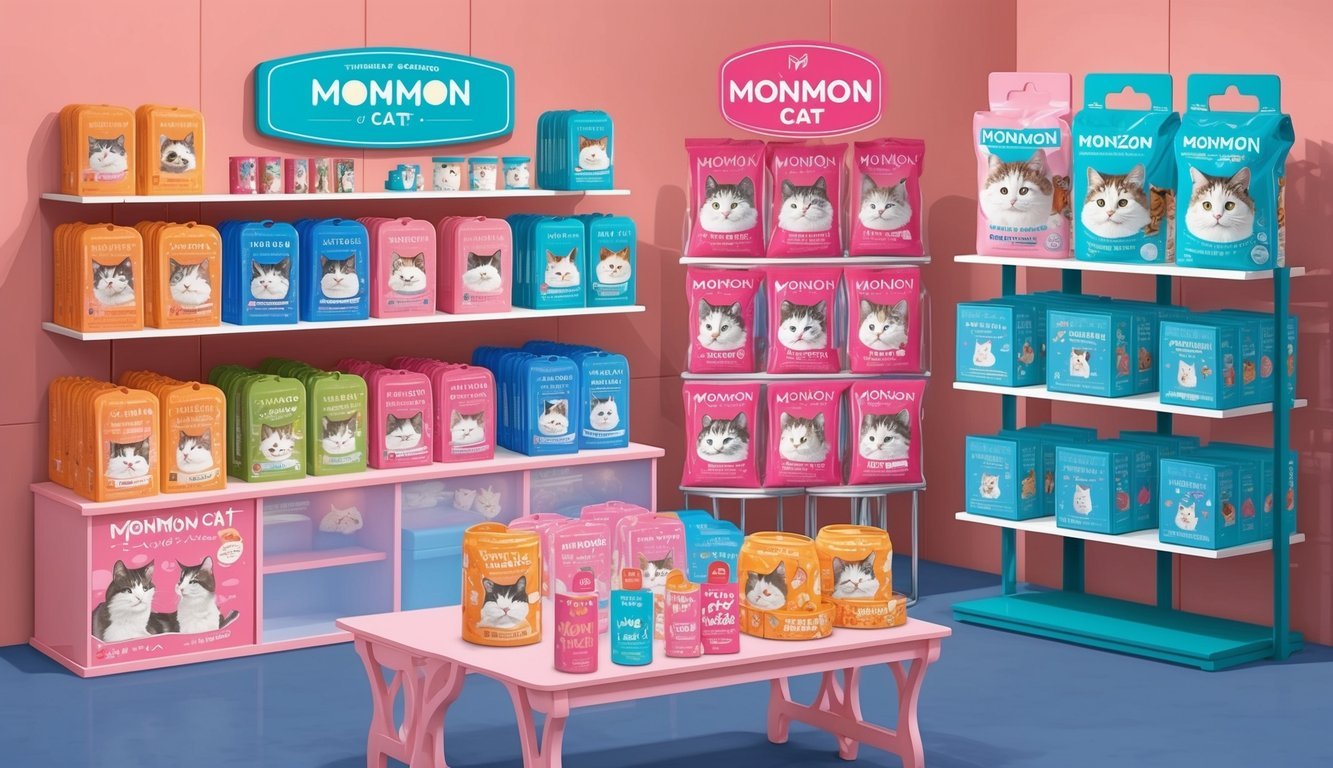 A display of Monmon Cat merchandise and products arranged on shelves and tables