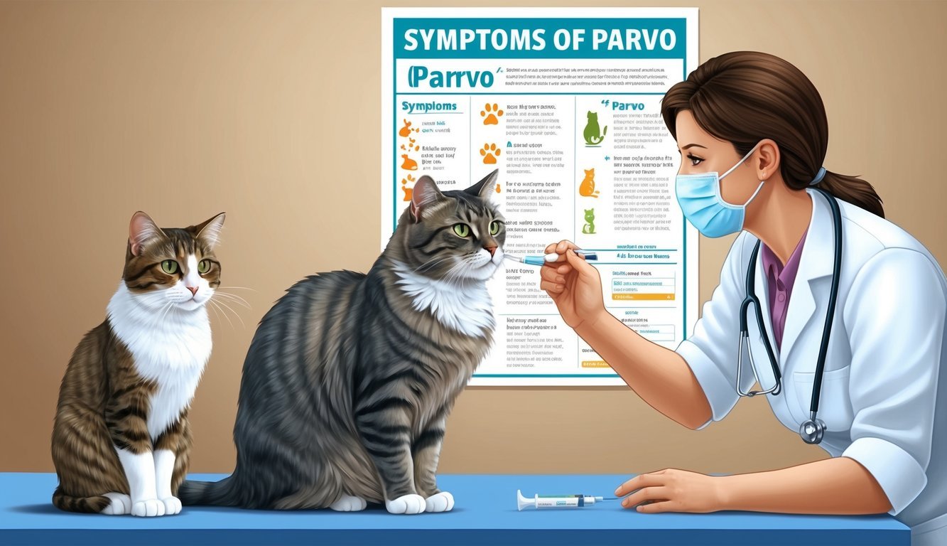 A veterinarian administering a vaccine to a cat while another cat looks on, with a poster in the background listing symptoms of parvo