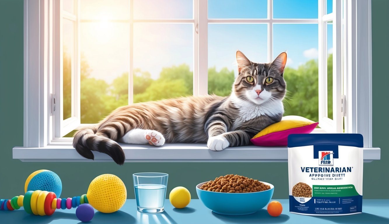 A cat lounging in a sunny window, surrounded by toys and a bowl of fresh water, with a veterinarian-approved diet nearby