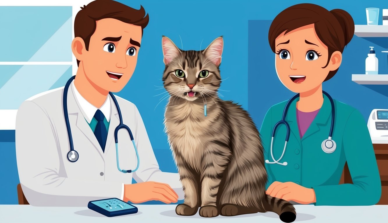 A sickly cat with lethargy and vomiting, accompanied by a concerned owner seeking answers from a veterinarian