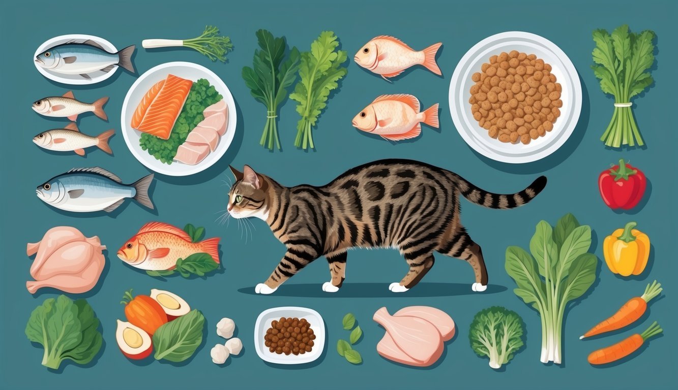 A variety of fresh, whole ingredients such as fish, chicken, and vegetables arranged in a natural and appealing display for a cat