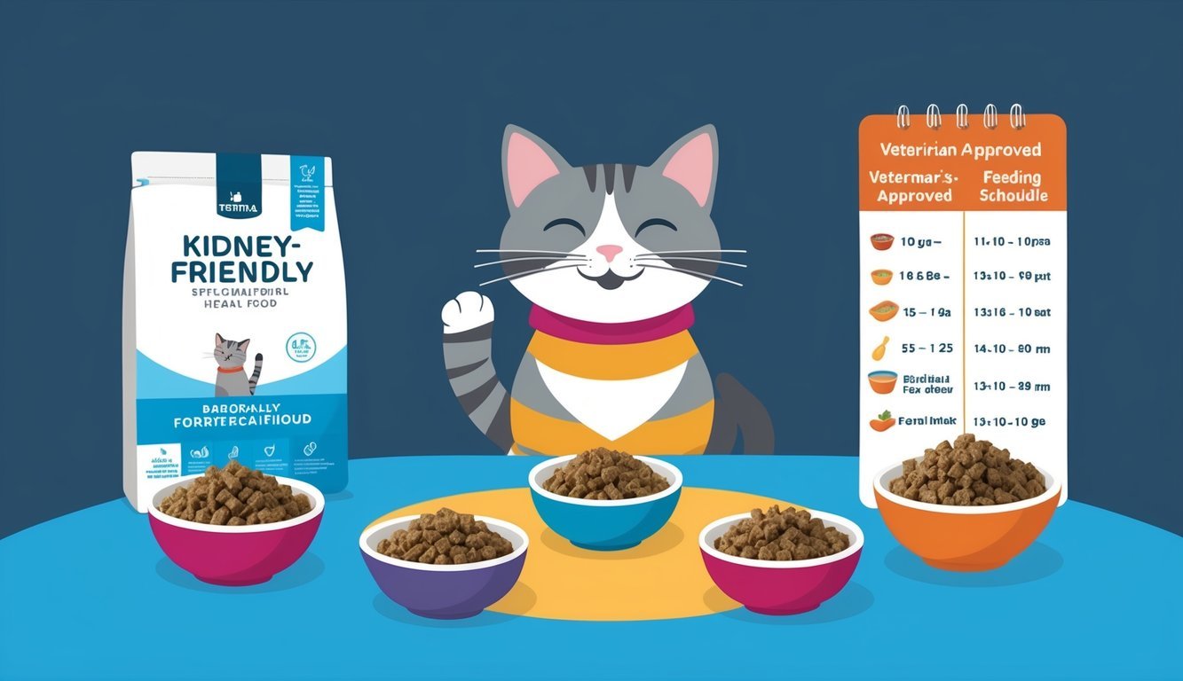 A cat enjoying a kidney-friendly meal, surrounded by bowls of specially formulated food and a veterinarian-approved feeding schedule