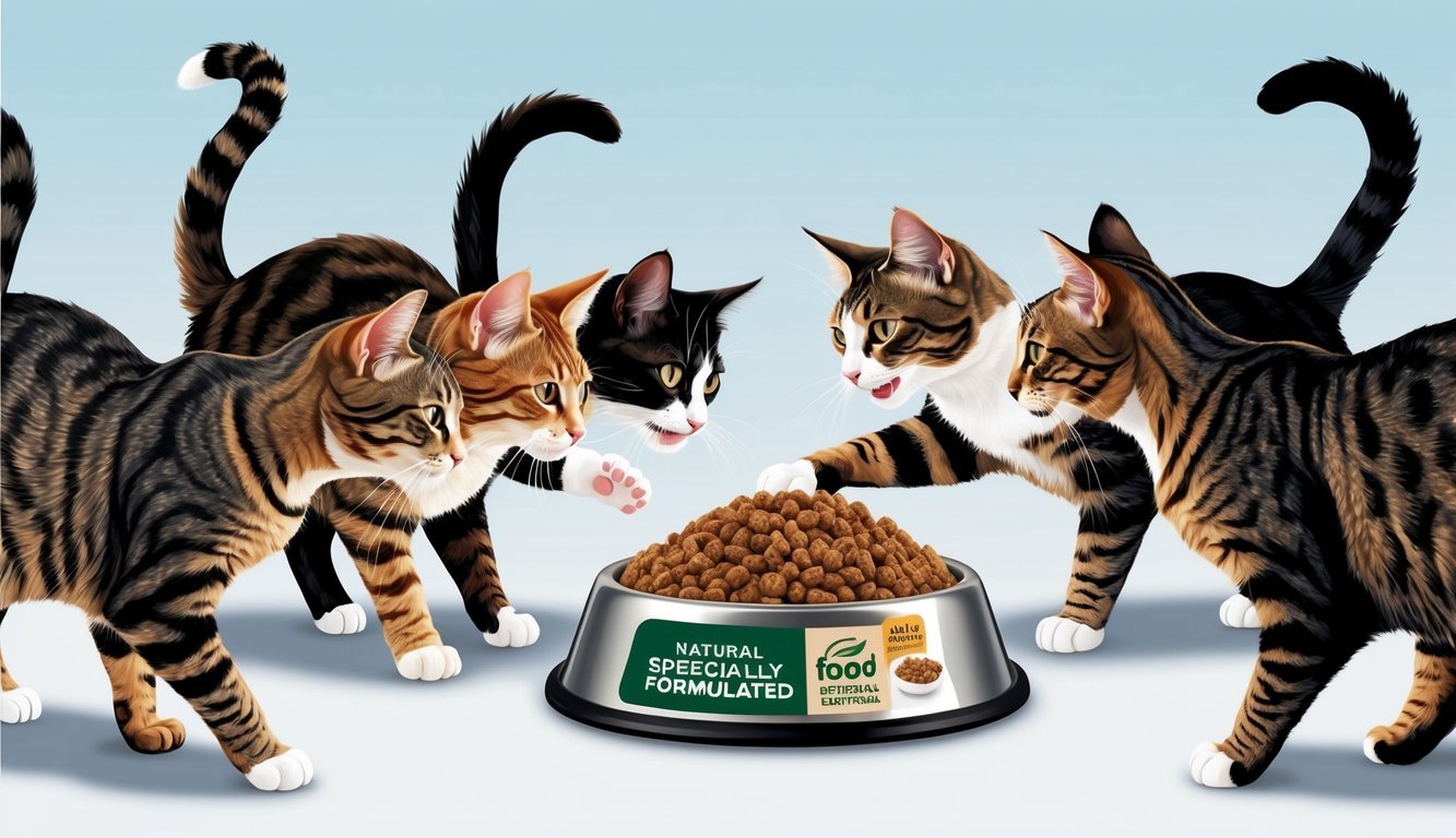 A group of cats eagerly gather around a bowl of natural, specially formulated food, their tails twitching with excitement