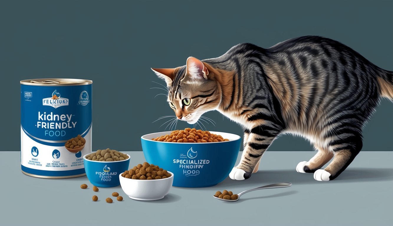 A cat eagerly sniffing a bowl of specialized kidney-friendly food, with other feline-friendly items nearby