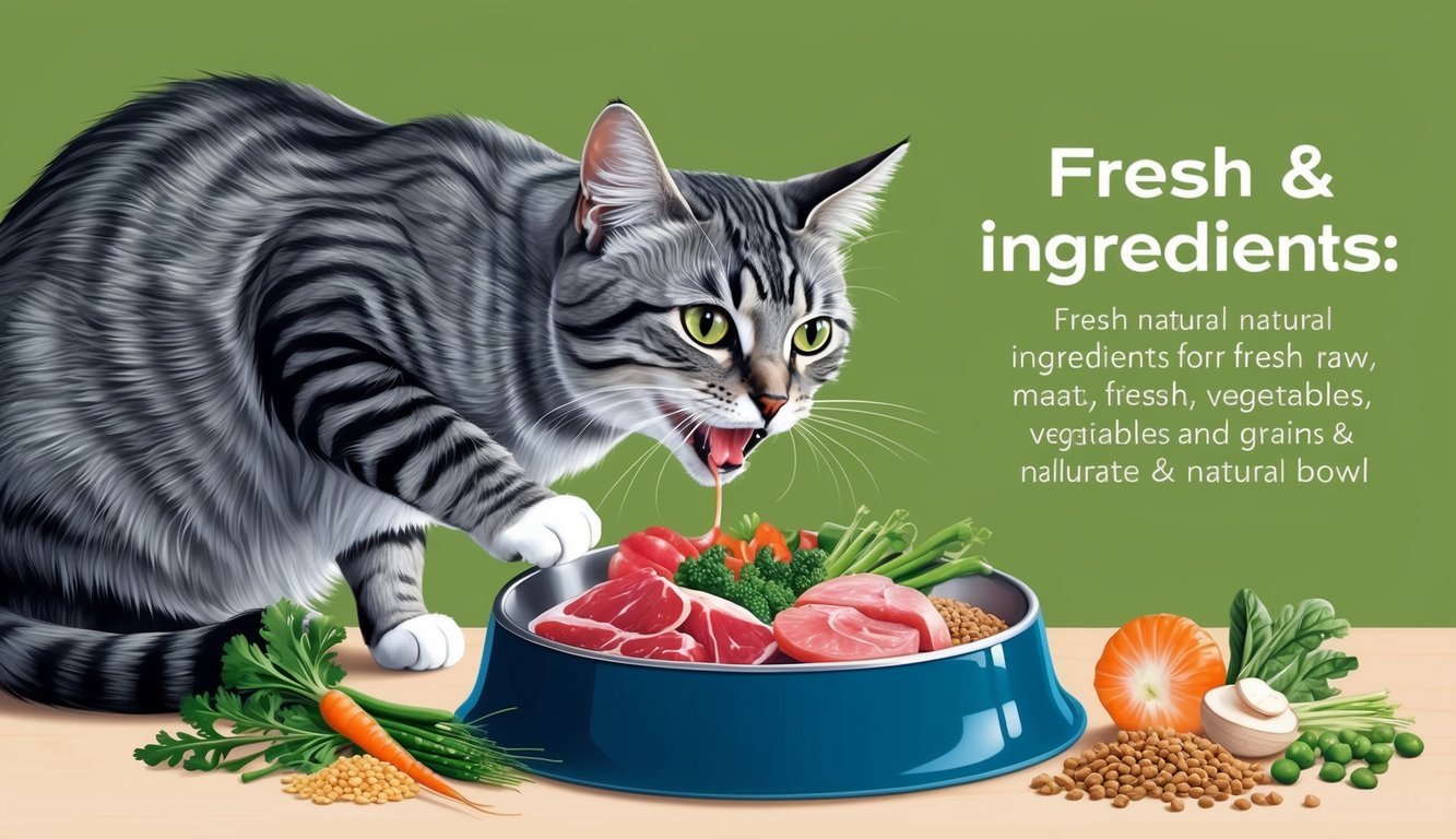 A cat eagerly eating from a bowl filled with fresh, natural ingredients like raw meat, vegetables, and grains