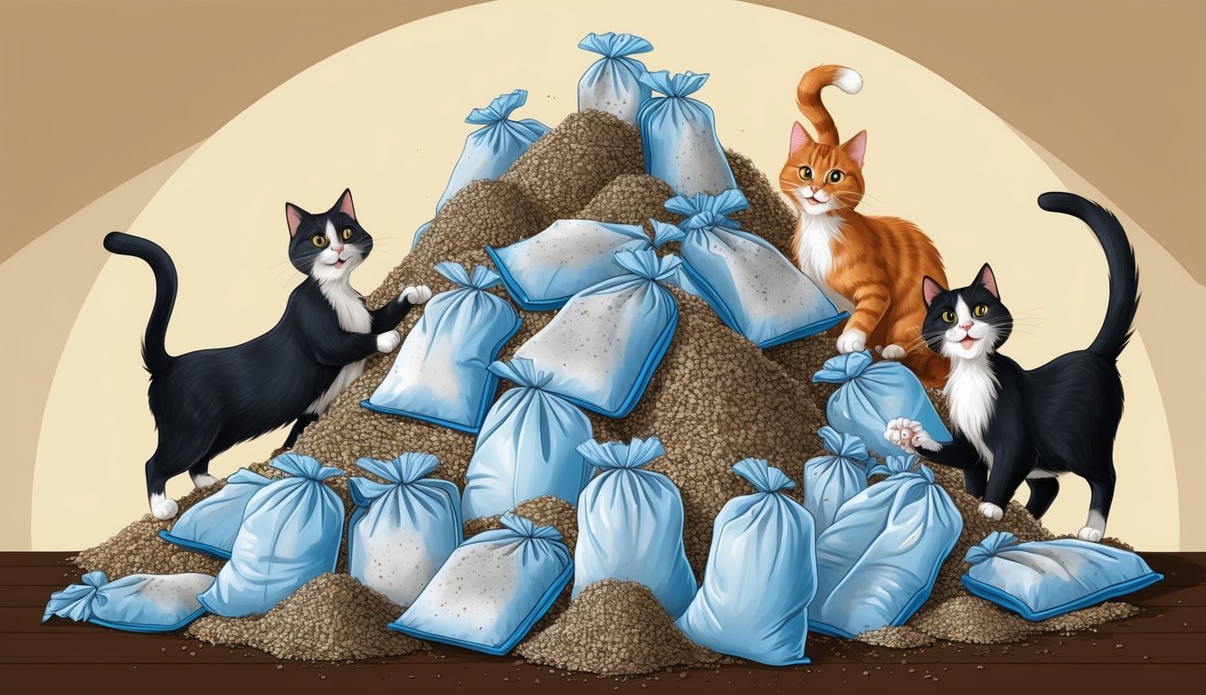 A pile of cat litter bags surrounded by curious felines