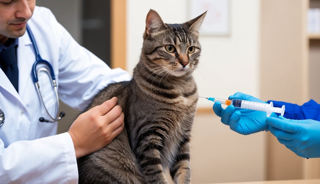 A cat receiving an insulin injection from a veterinarian