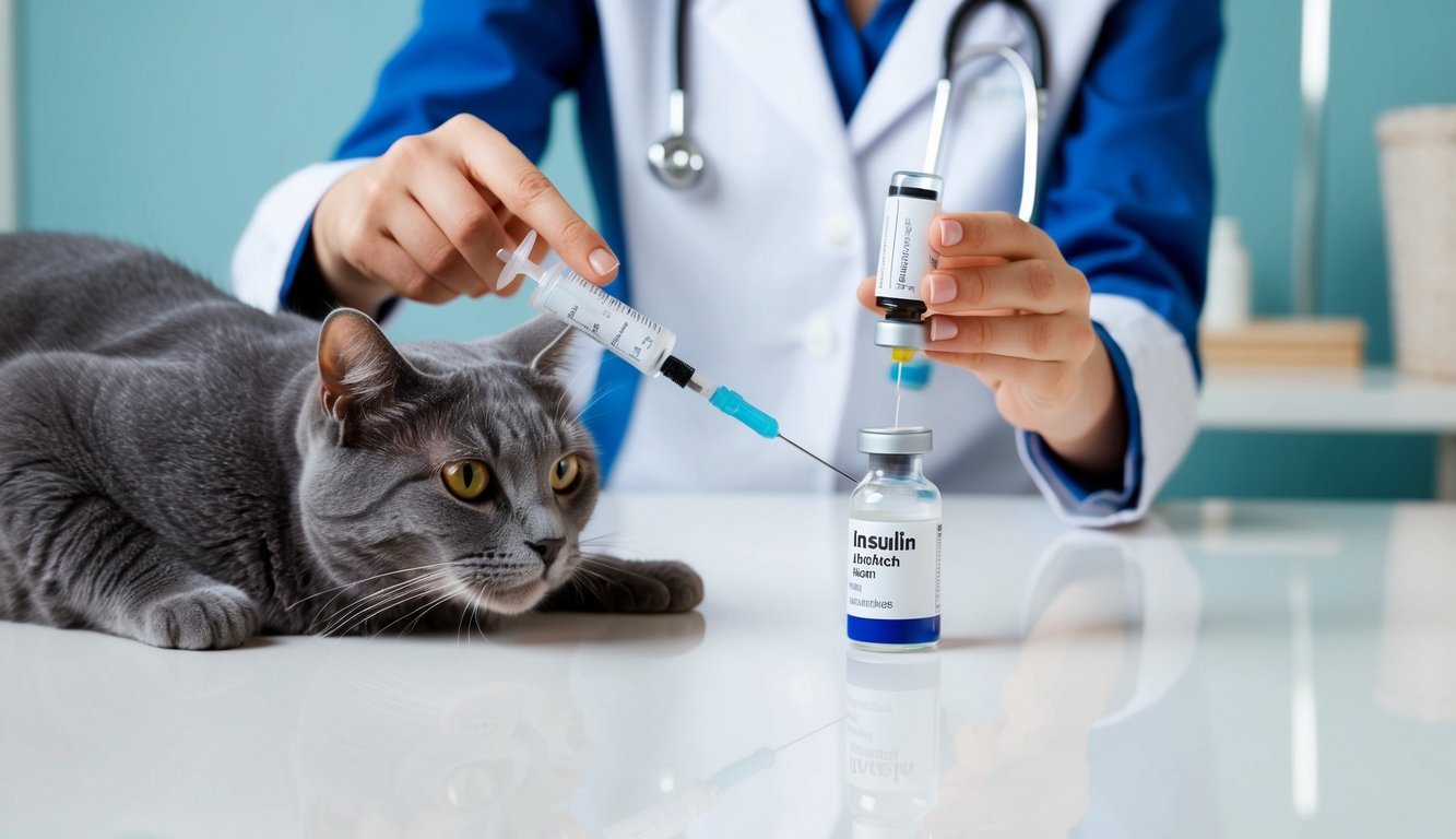 A veterinarian measuring out insulin for a cat, using a syringe and vial of medication on a clean, well-lit surface