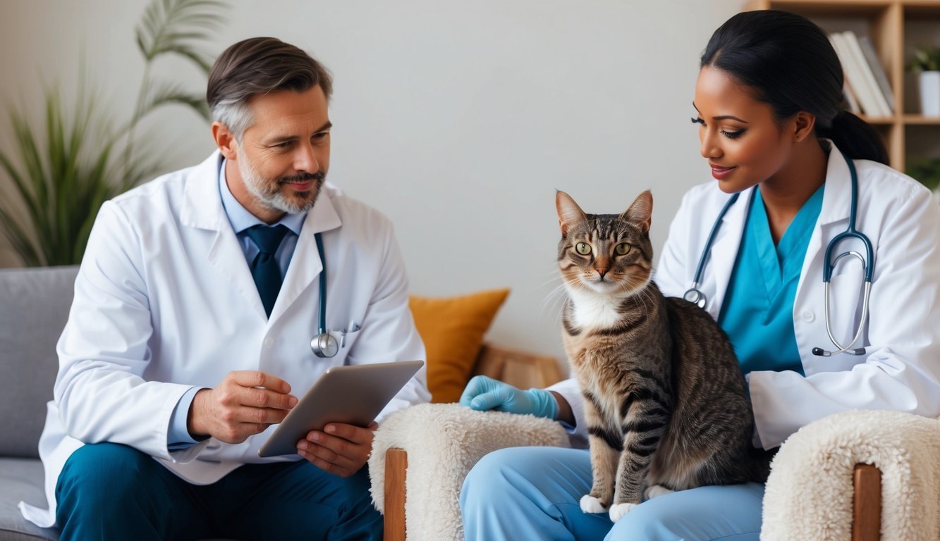 A cat sitting on a cozy chair with a vet discussing pet insurance options