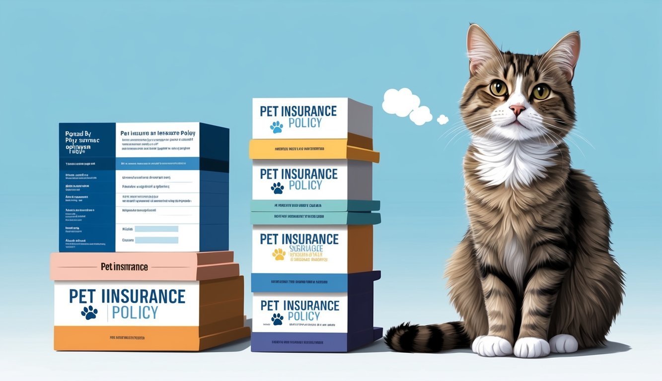 A cat sitting next to a variety of pet insurance policy options, with a thoughtful expression on its face