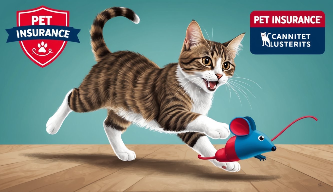 A playful cat chasing a toy mouse with pet insurance logos in the background