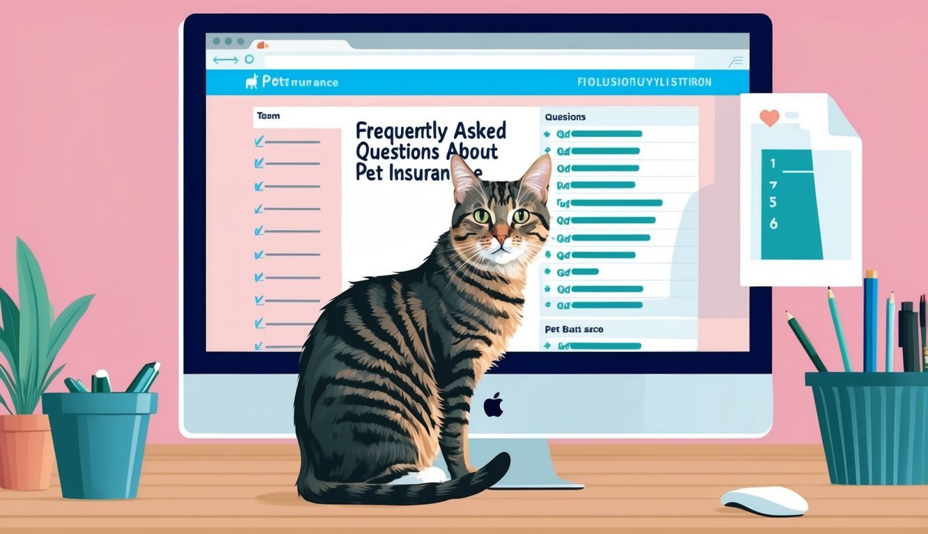 A cat sitting in front of a computer screen with a list of frequently asked questions about pet insurance displayed