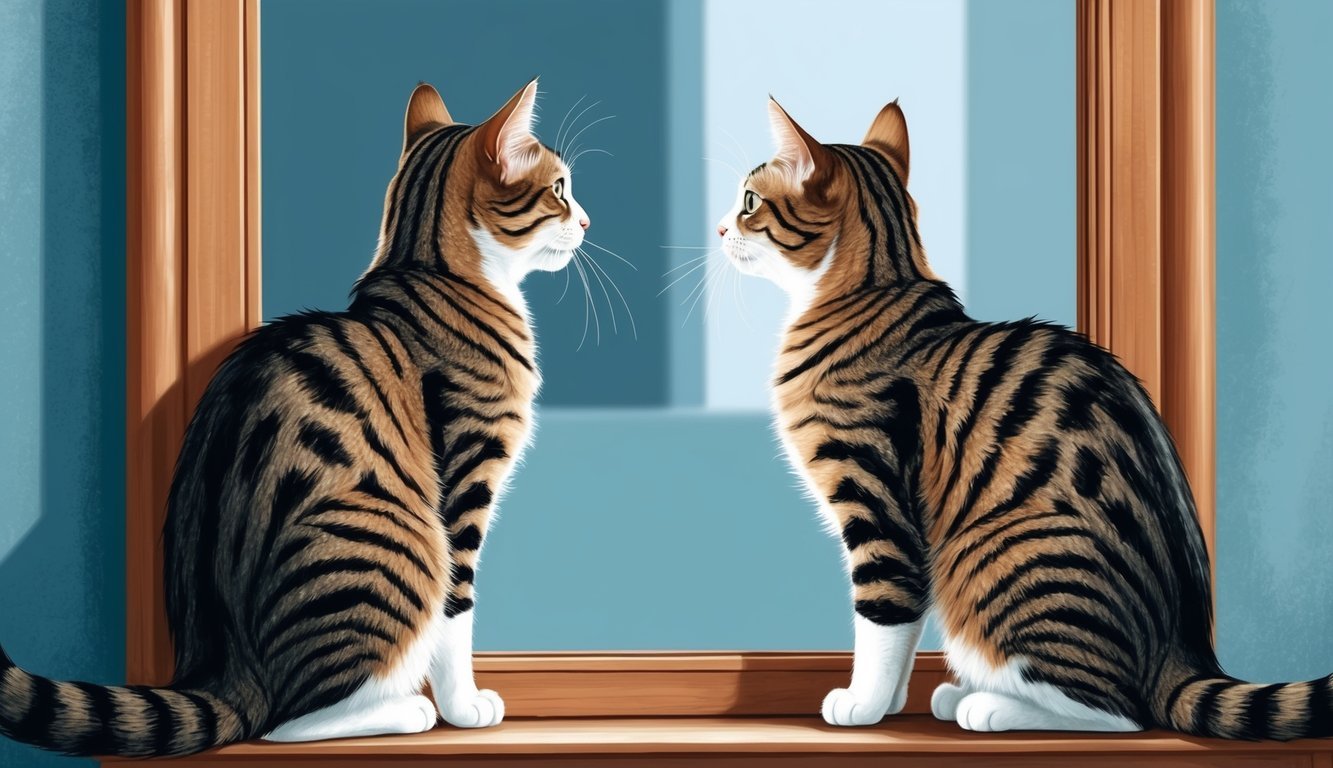 A cat sitting in front of a mirror, observing its own reflection with curiosity and possibly confusion