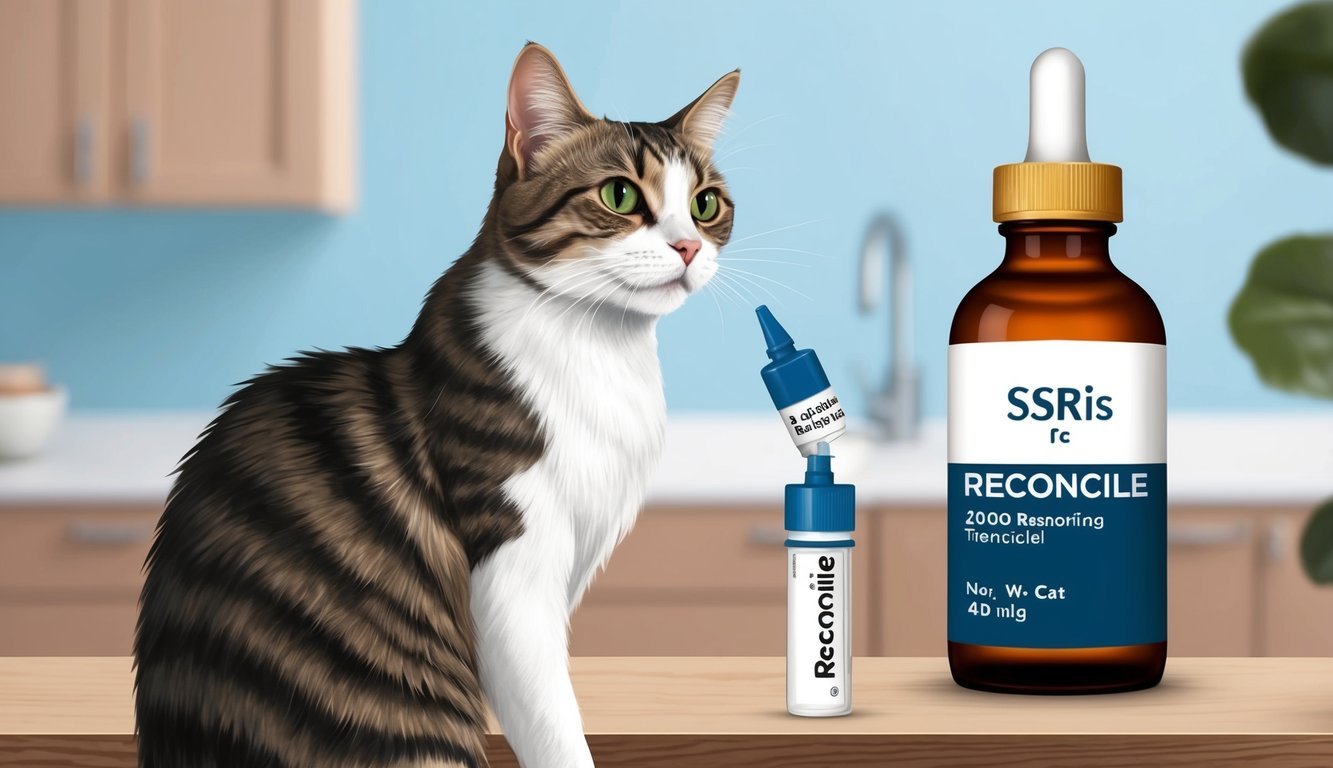 A cat receiving a dose of Reconcile, with a bottle of SSRIs in the background